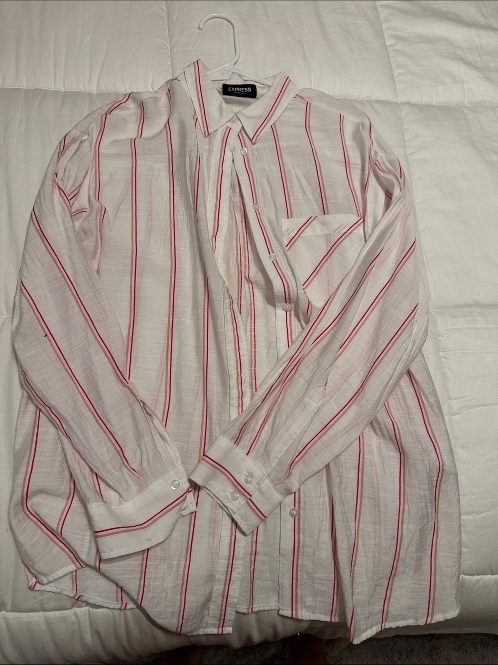 Express women’s White Shirt with Pink and Red Stripes button up